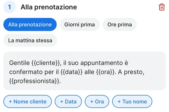 Editor del flusso Lontano: il testo del primo messaggio, con i bottoni Nome cliente, Data, Ora e Tuo nome.