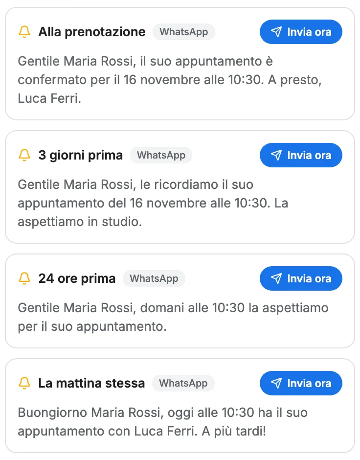 Schermata dell'app: i 4 promemoria WhatsApp di un appuntamento di Maria Rossi, già programmati (alla prenotazione, 3 giorni prima, 24 ore prima, la mattina stessa), con il testo di ogni messaggio.